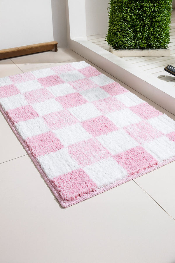 Pink Soft Checkered Plush Bathroom Mat