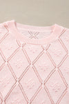 Gossamer Pink Openwork Plaid Puff Sleeve Cropped Sweater