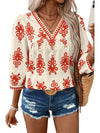 Beige Abstract Print Puff Sleeve V Neck Blouse