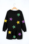 Black Mardi Gras Sequin Star Graphic Lantern Sleeve Ruffled Hem Mini Dress