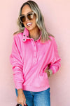 Bright Pink Half Button Collar Drop Shoulder Sweatshirt
