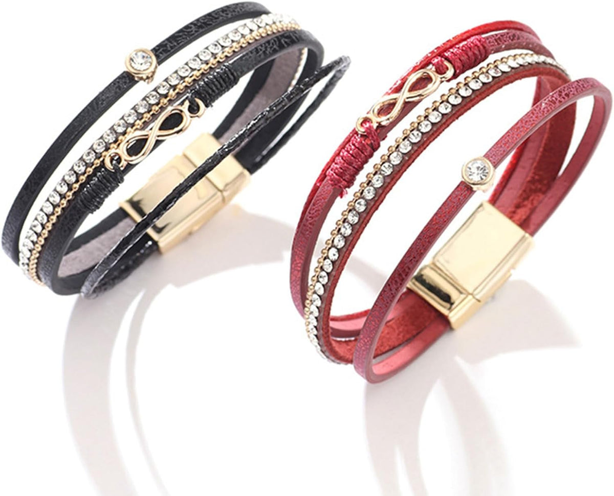 Gold Full Diamond Leather Wide Magnetic Buckle Bracelet