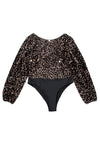 Black Sequin Deep V Back Puff Sleeve Bodysuit