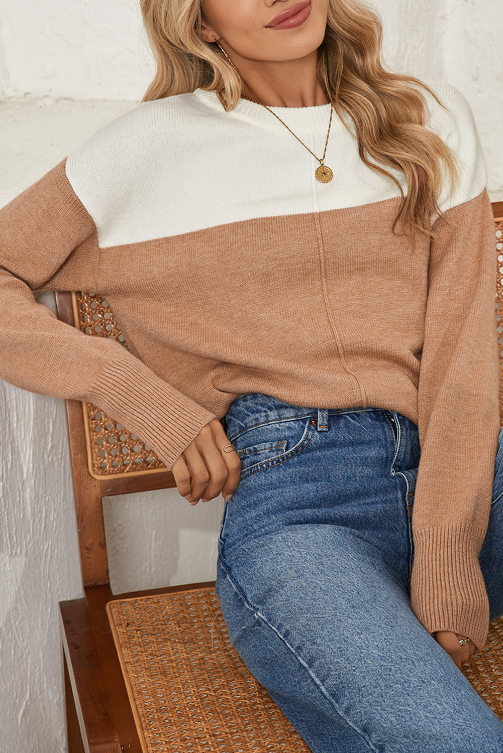 Khaki Colorblock Ribbed Trim Round Neck Sweater