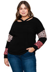 Black Plus Size Leopard Patchwork Strappy Neck Top