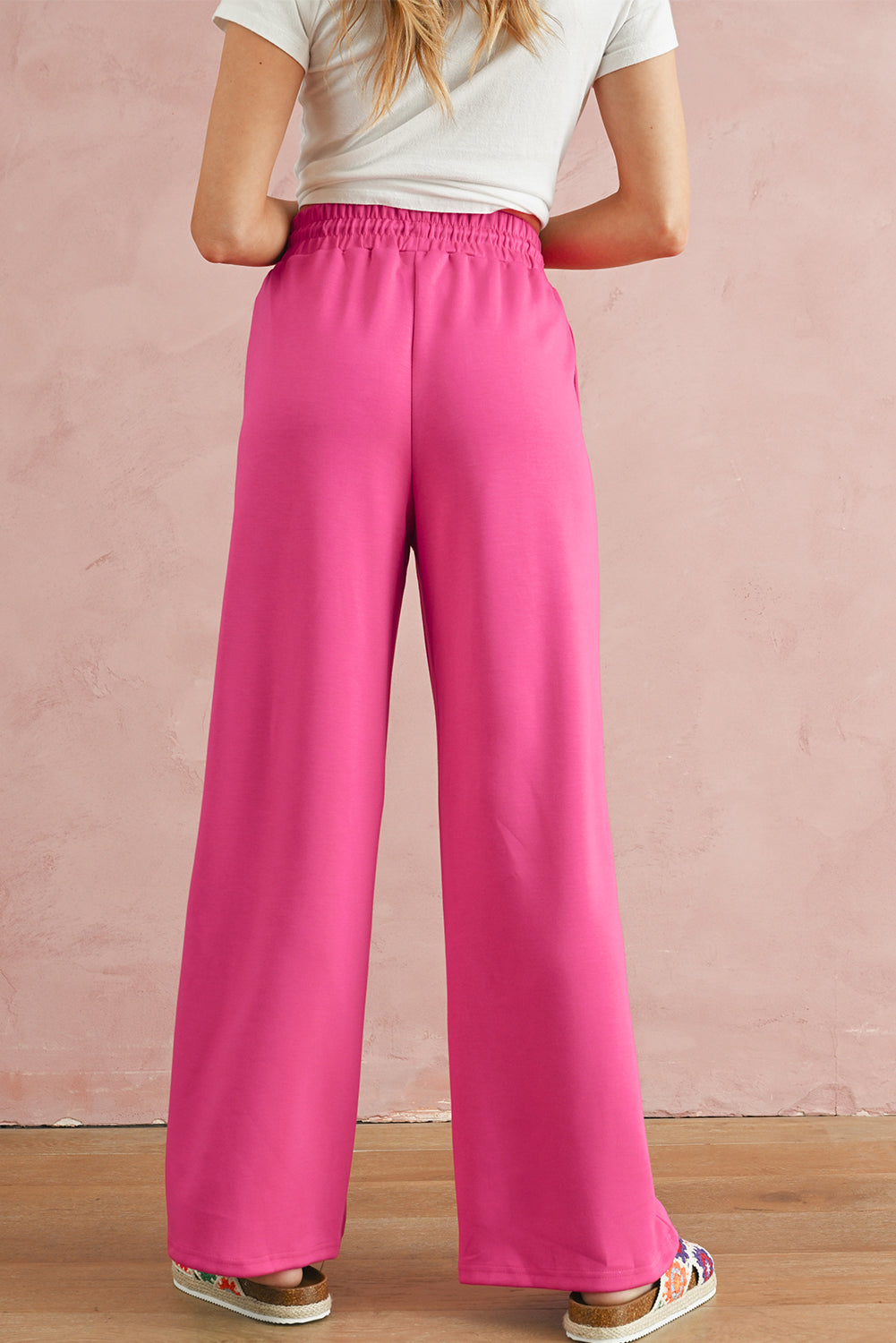 Rose Red Drawstring Smocked Waist Wide Leg Pants