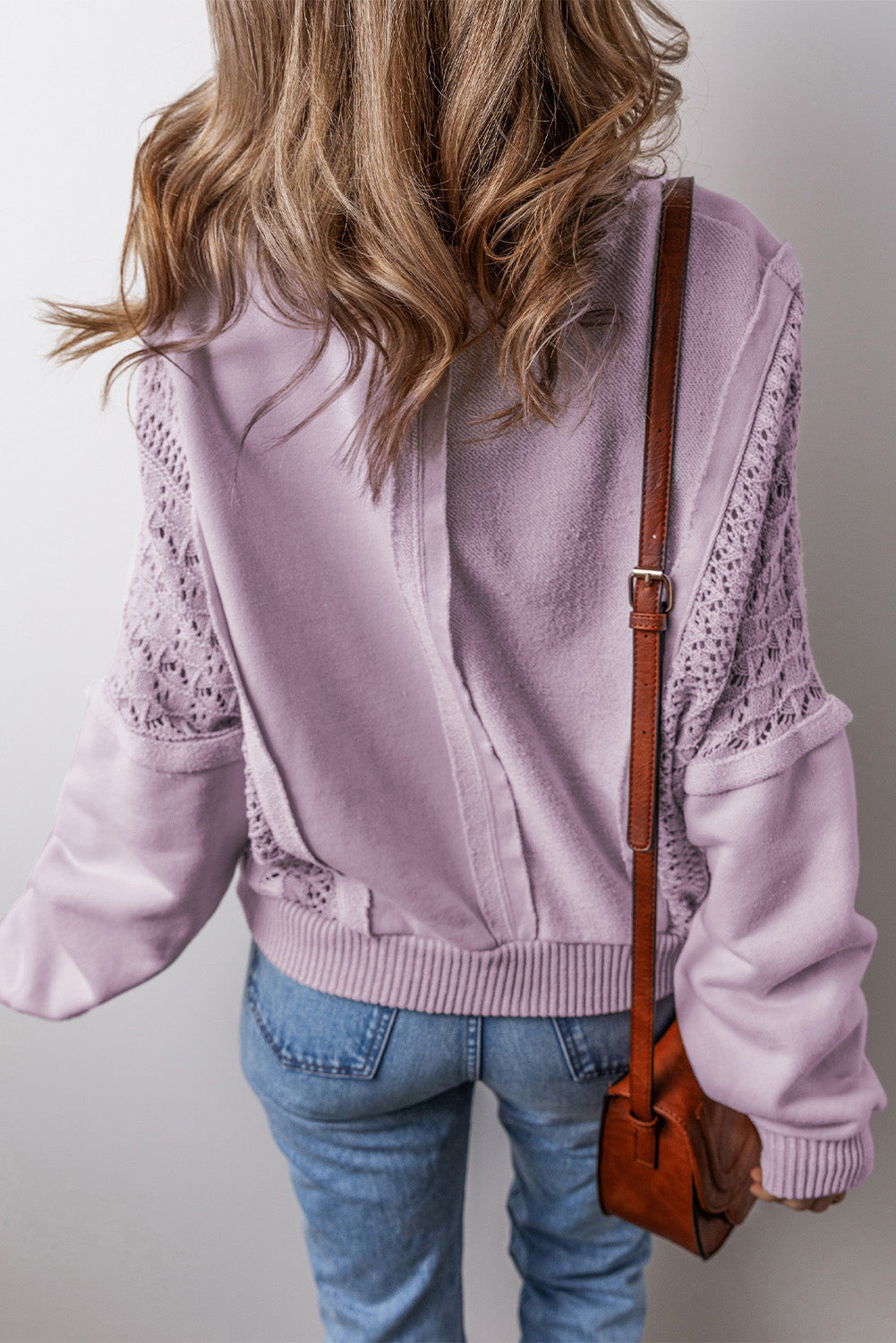 Sweatshirts & Hoodies Orchid Petal Crochet Patchwork Exposed Seam Ribbed Trim Sweatshirt.