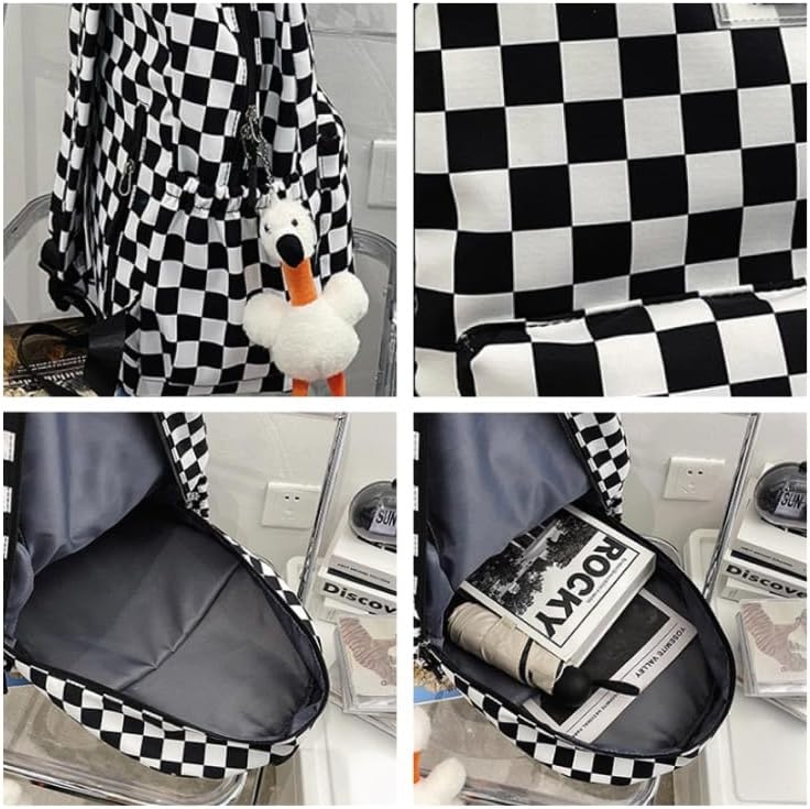 Aesthetic Checkered Backpack with Kawaii Pendant