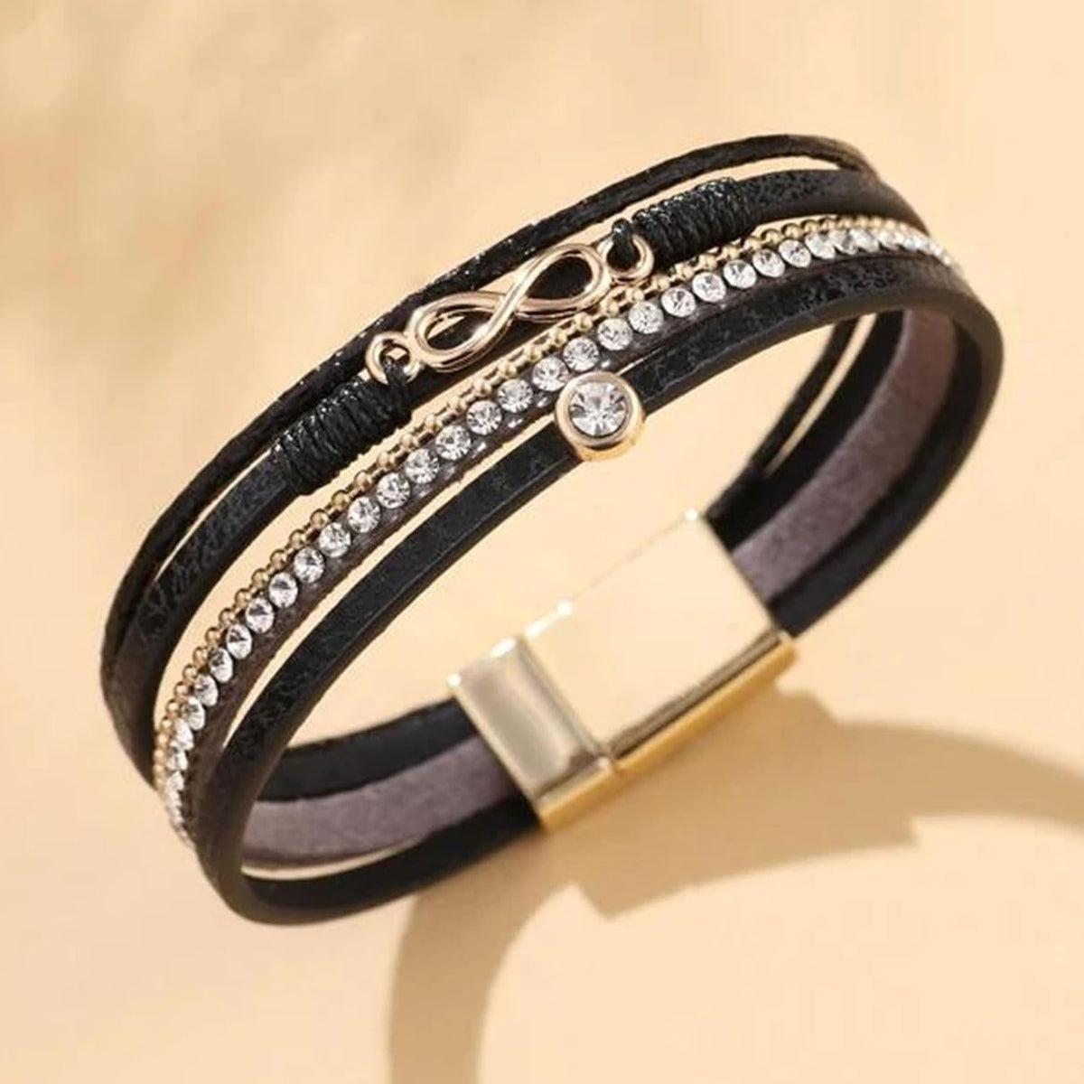 Gold Full Diamond Leather Wide Magnetic Buckle Bracelet