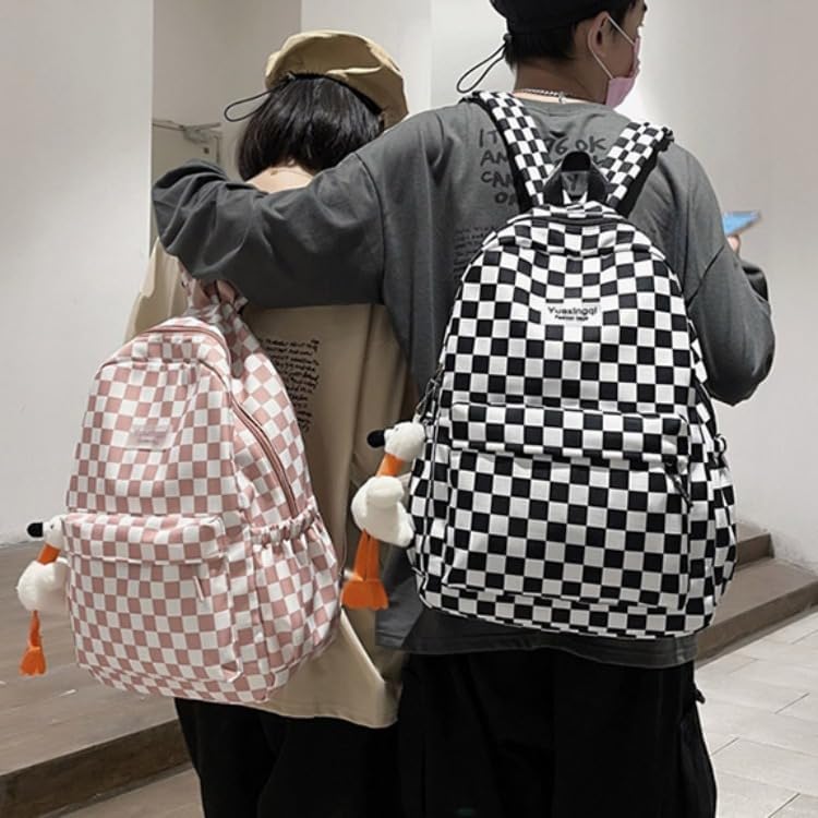 Aesthetic Checkered Backpack with Kawaii Pendant