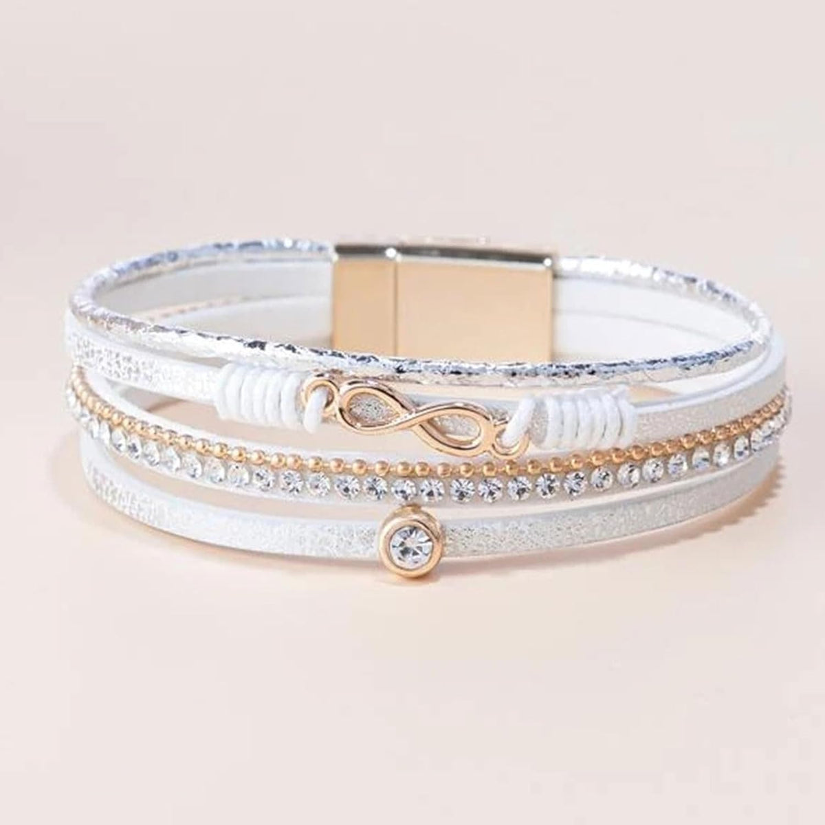 Gold Full Diamond Leather Wide Magnetic Buckle Bracelet