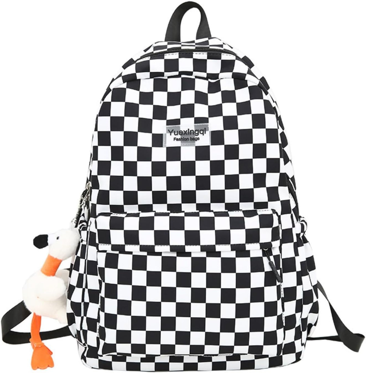 Aesthetic Checkered Backpack with Kawaii Pendant