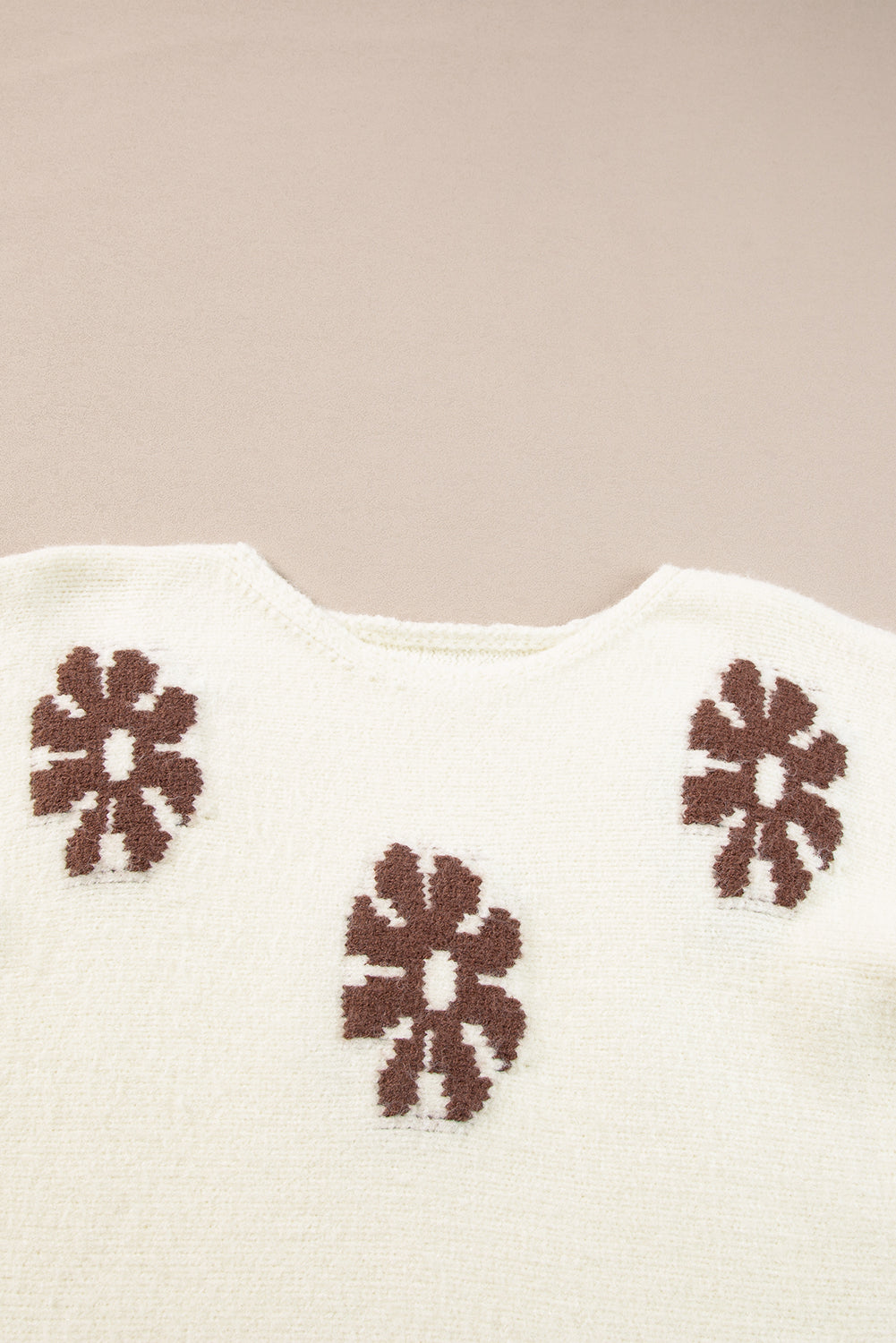 White 60s Floral Pattern Crewneck Sweater