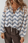 Blue Lace Patchwork Floral Bubble Sleeve V Split Neck Blouse