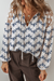 Blue Lace Patchwork Floral Bubble Sleeve V Split Neck Blouse
