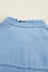 Dusk Blue Ruffled Sleeve Button Up Frayed Plus Size Denim Top