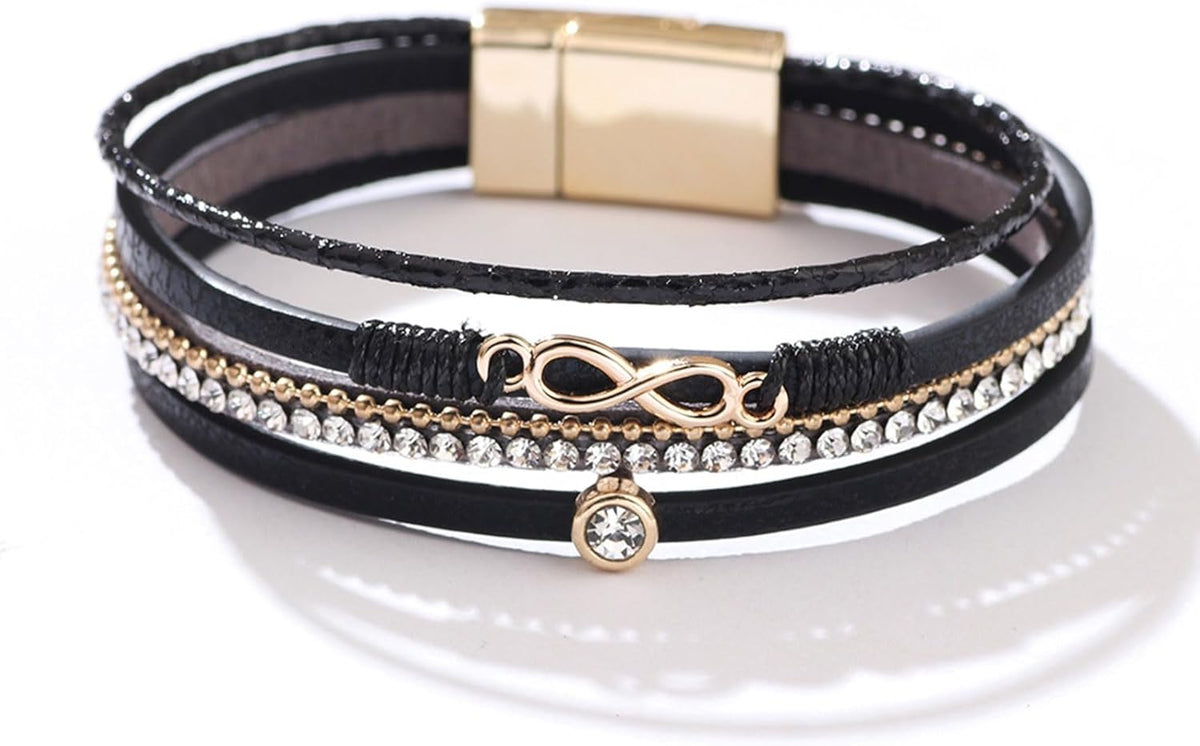 Gold Full Diamond Leather Wide Magnetic Buckle Bracelet