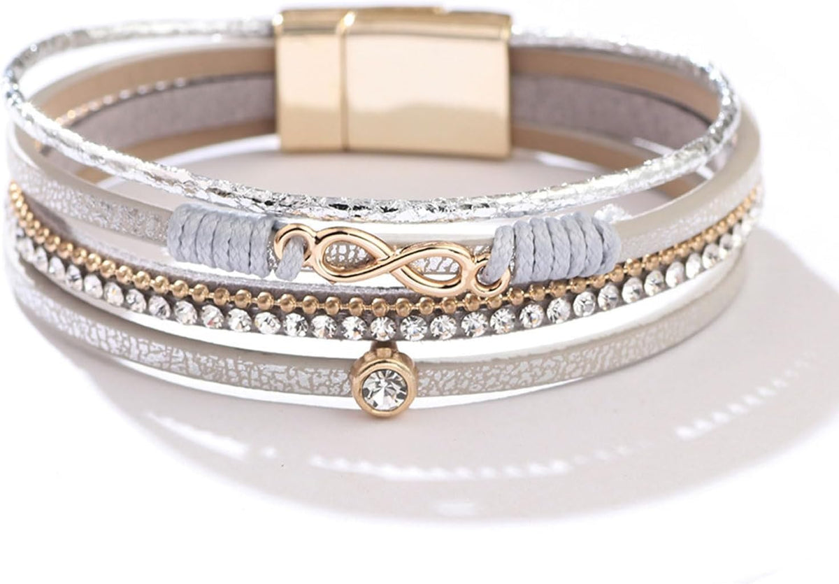 Gold Full Diamond Leather Wide Magnetic Buckle Bracelet