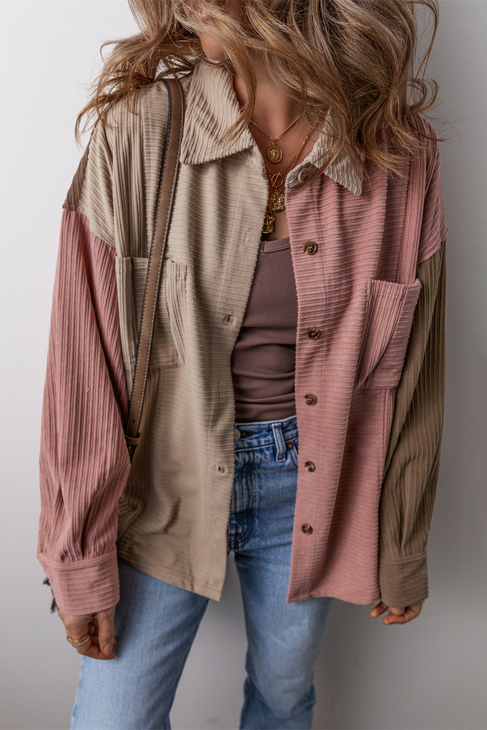 Brown Patchwork Chest Pockets Buttoned Corduroy Shacket