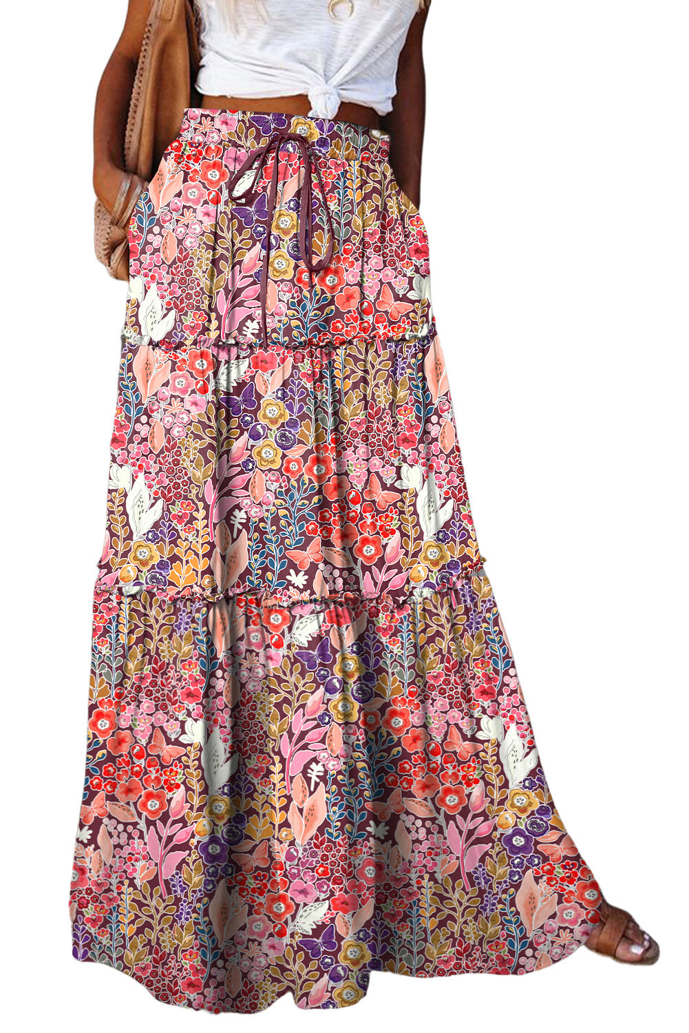 Multicolor Boho Floral Print High Waist Maxi Skirt