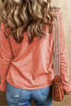 Fresh Salmon Floral Patched V Neck Long Sleeve Top