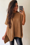 Rose Red Side Slit Short Sleeve Oversized Sweater