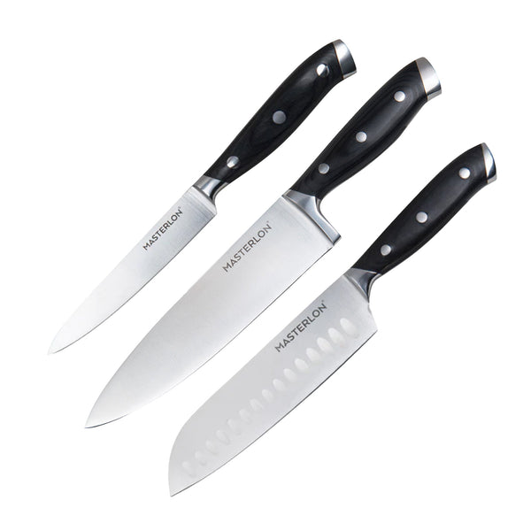 Essential Chef’s Knife Bundle - 8" Chef’s Knife, 8" Slicer Knife & 7" Santoku Knife - Stainless Steel Blades with Protective Covers