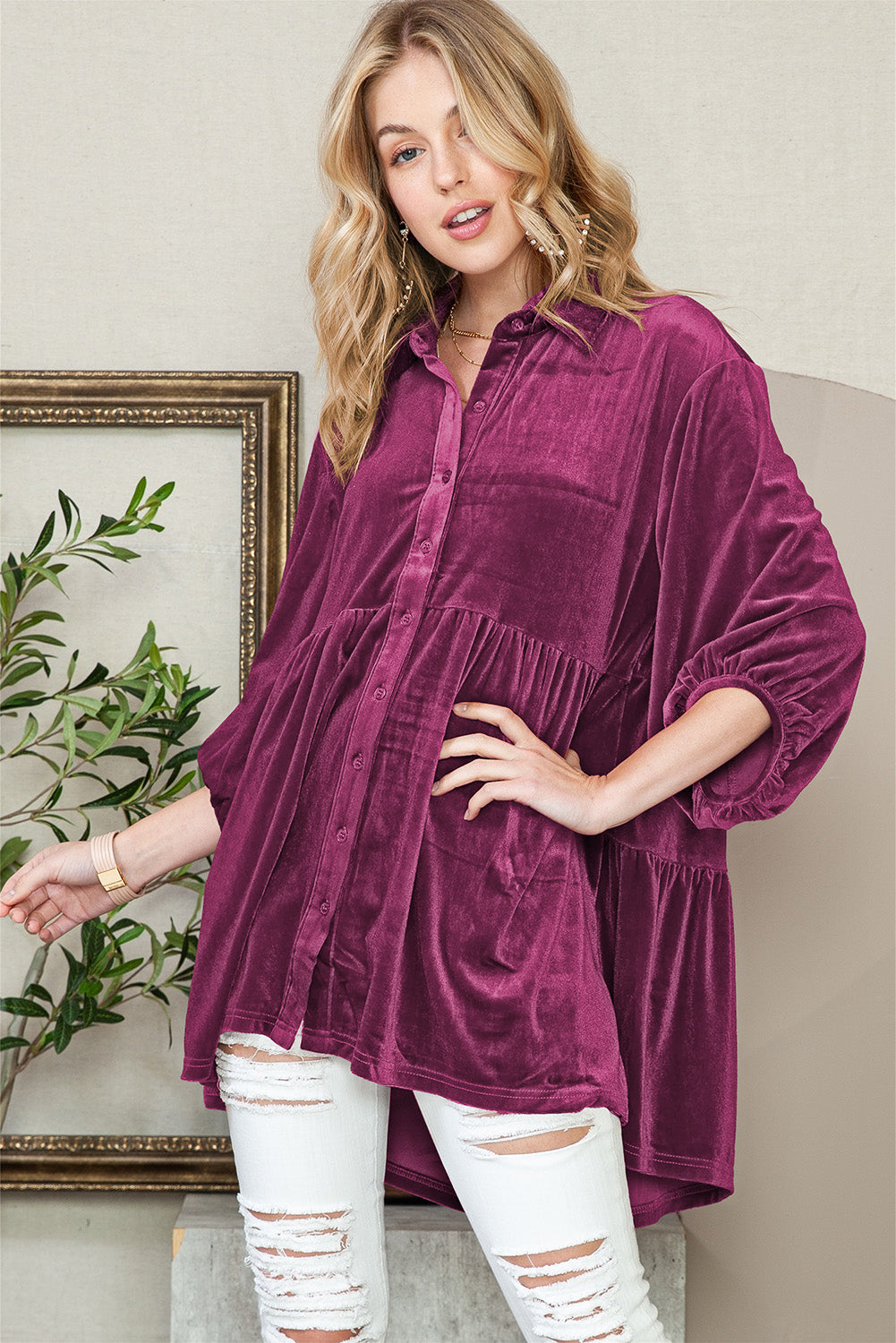 Dark Grey Lantern Sleeve Tunic Babydoll Velvet Shirt