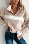 Parchment Fleece Colorblock Patchwork Zipped Collar Pullover Sweatshirt