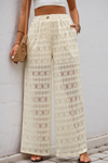 Beige Casual Elastic High Waist See Through Wide Leg Pants