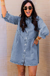 Light Blue Casual Buttoned Ruffle Denim Short Dress