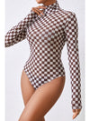 Black Checkered Print Long Sleeve Mock Neck Bodysuit