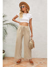 Khaki Drawstring Waist Crinkled Wide Leg Pants