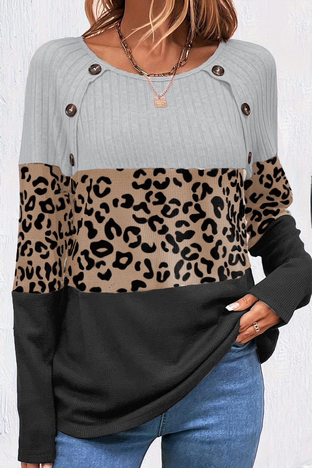 Pink Leopard Textured Patchwork Button Decor Round Neck Top