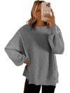 Gray Knit Bishop Sleeve Split Oversized Sweatshirt