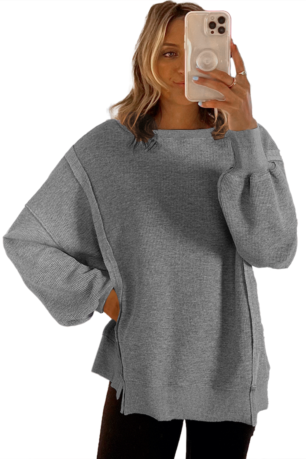 Gray Knit Bishop Sleeve Split Oversized Sweatshirt