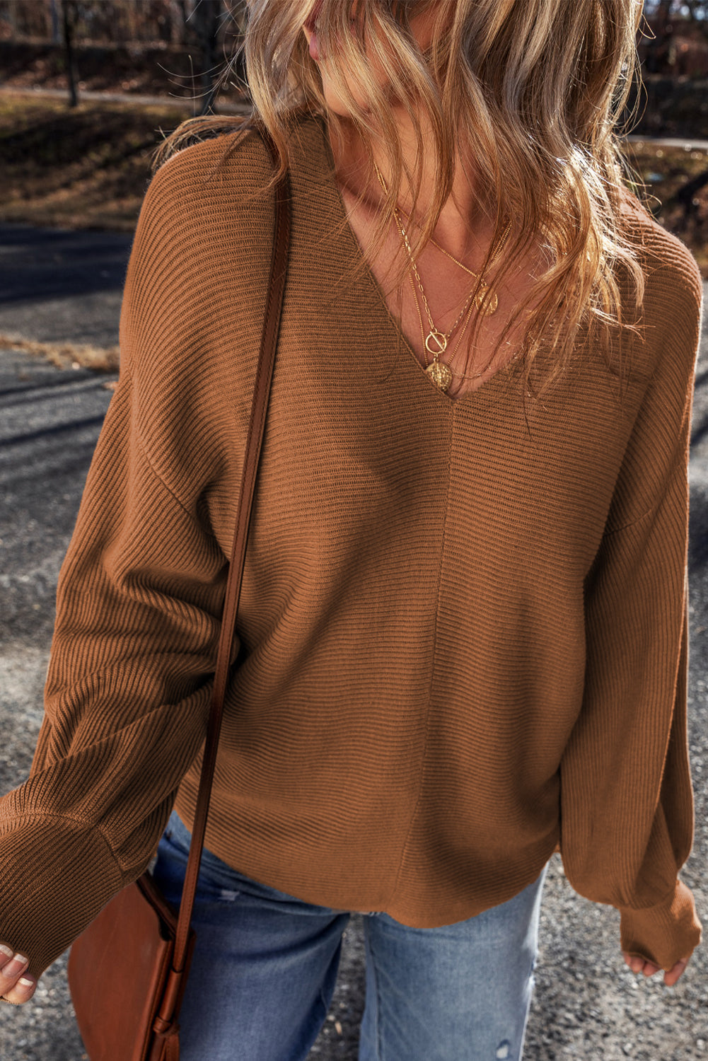 Camel Ribbed Knit Drop Sleeve V Neck Loose Fit Sweater