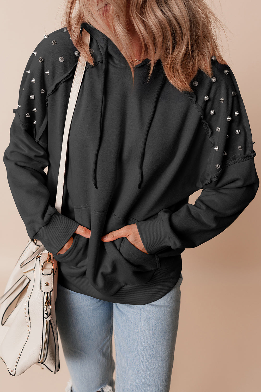 Black Stud Detail Kangaroo Pocket Drawstring Hoodie