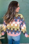 Multicolour Checkered Pattern Button Front Knit Cardigan
