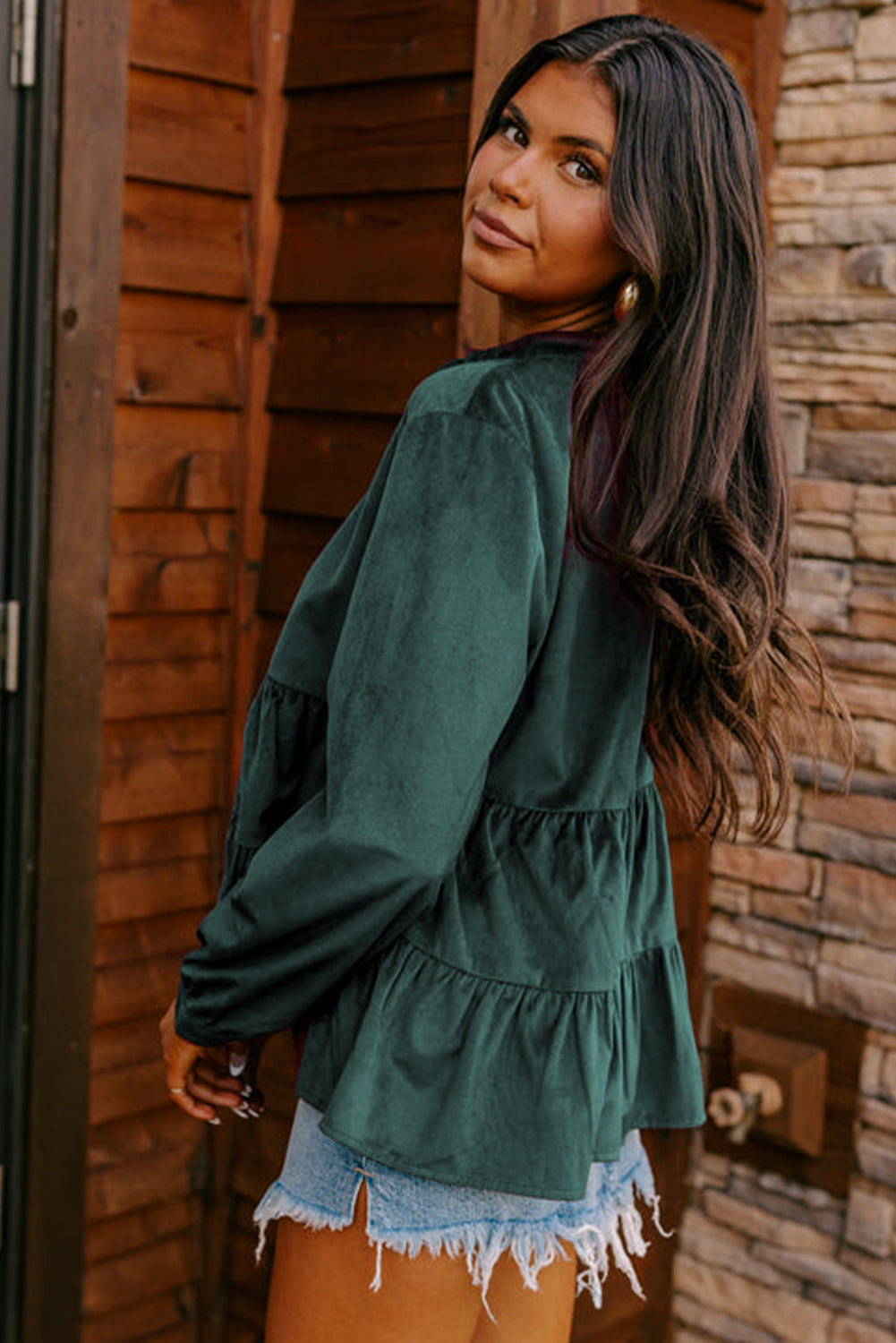 Burgundy Smocked Ruffle Tiered Button-up Shirt