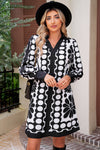 Black Abstract Print V Neck Puff Sleeve Mini Dress
