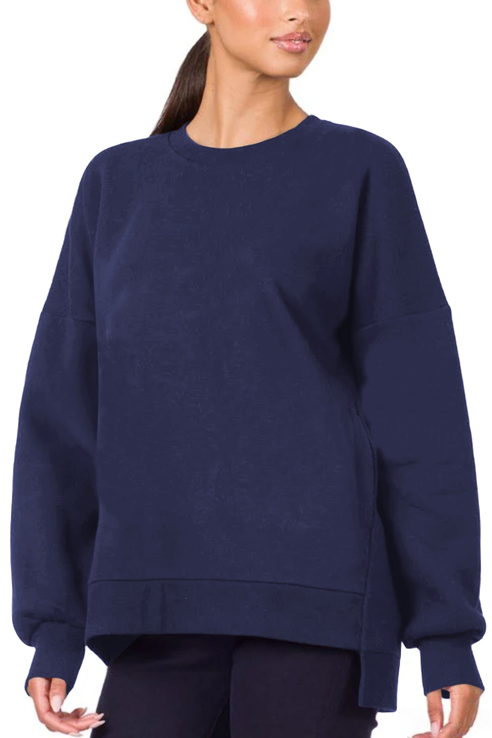 Bonbon Solid O Neck High Low Hem Pullover Sweatshirt