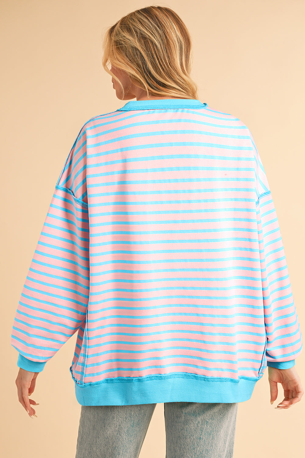 Pink Stripe Contrast Trim High Low Tunic Sweatshirt