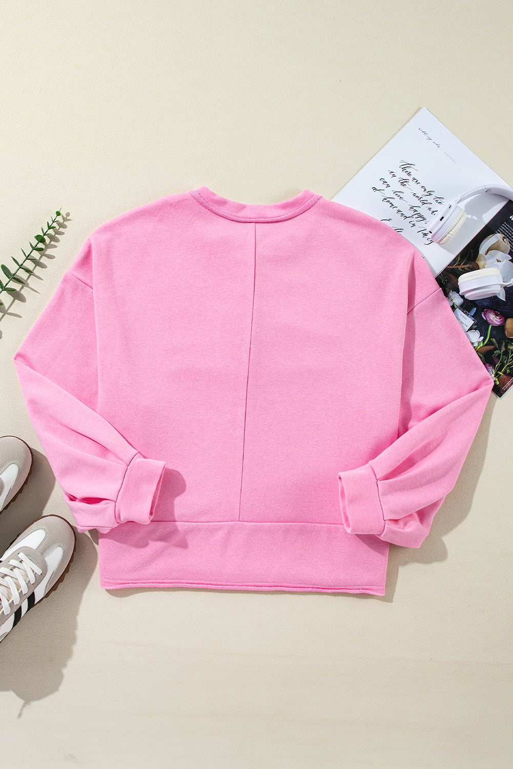 Sachet Pink Plain Drop Sleeve Henley Sweatshirt