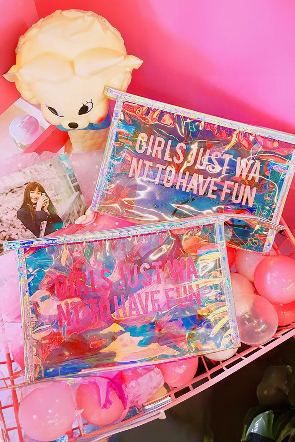 White GIRLS JUST WANT TO HAVE FUN Print Clear Clutch