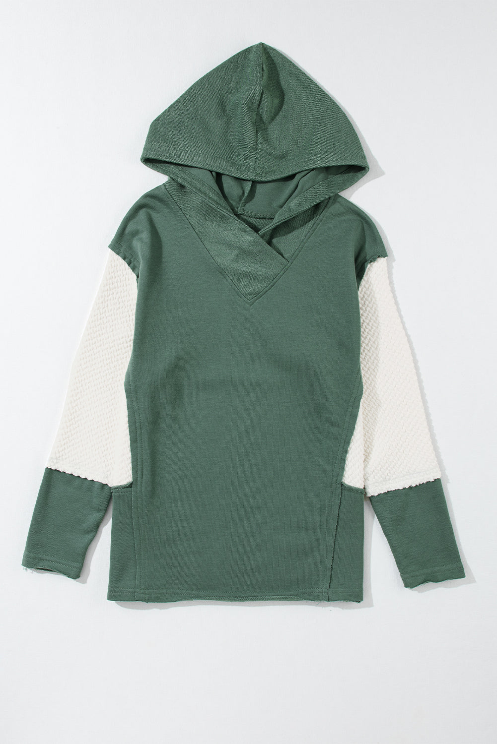 Parchment Textured Splicing Sleeve Raw Hem Hoodie