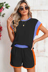 Blue Color Block Loose Fit Top and Elastic Waist Shorts Set