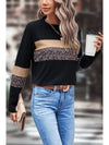 Khaki Leopard Colorblock Patchwork Crew Neck Top