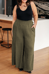 Jungle Green Plus Size Textured Shirred High Waist Pants