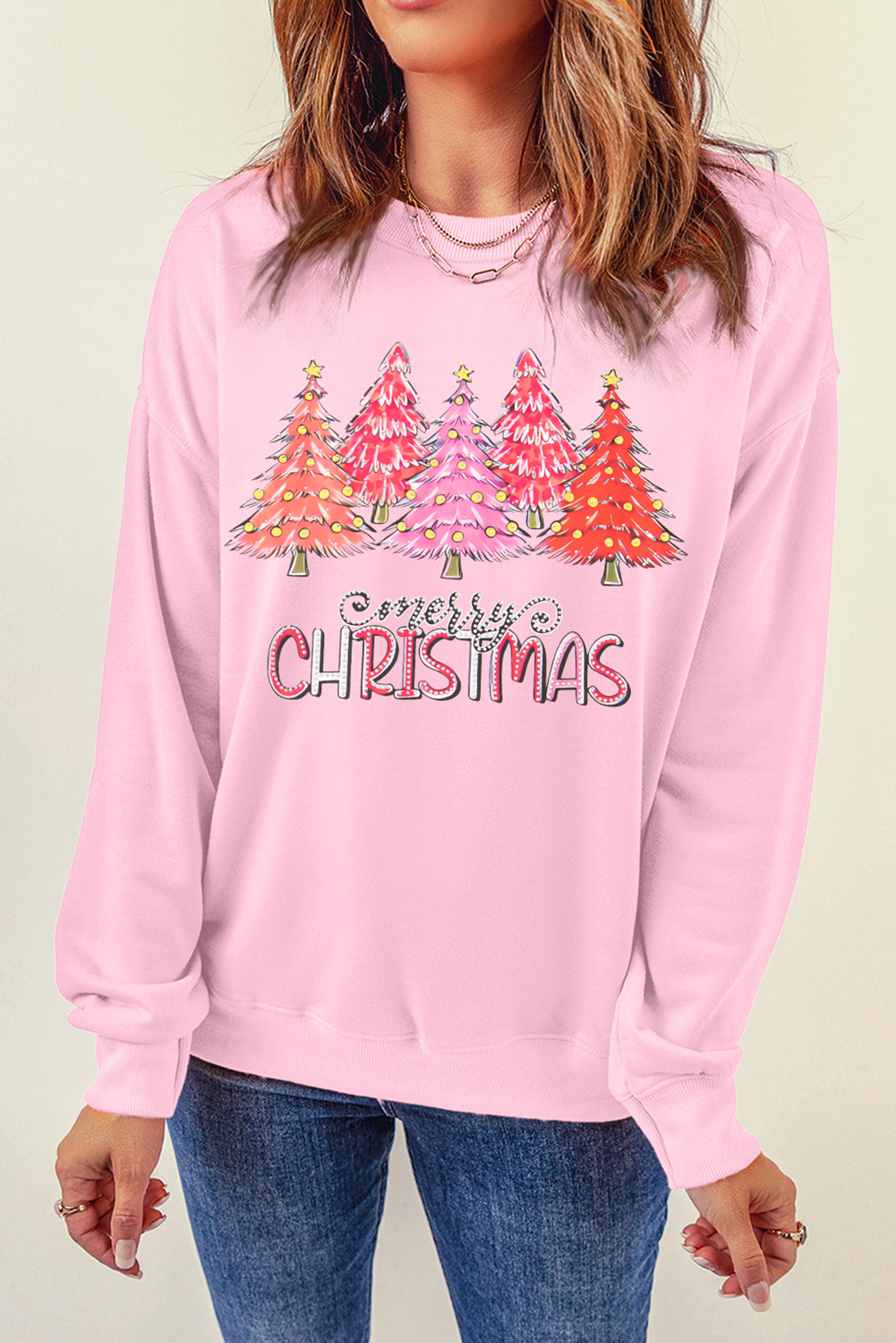 Pink Merry Christmas Tree Graphic Sweatshirt